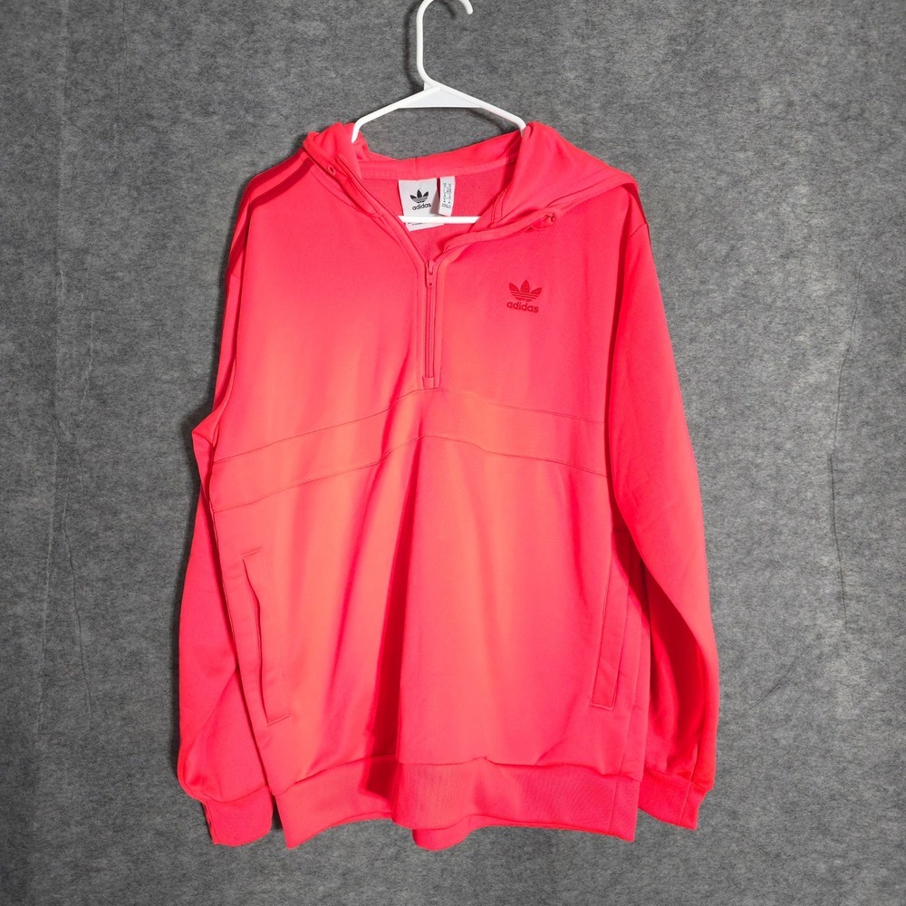 Adidas Originals Half Zip Hoodie Mens Medium Neon Coral EJ9686 Trefoil 3-Stripe